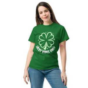 lucky vibes only clover glow graphic t shirt – positive energy style unisex classic tee